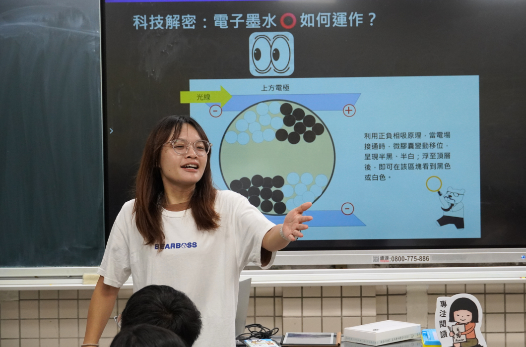 長發女性講師站在數位螢幕前，伸出左手向同學生動地講解。螢幕上的簡報標題為「科技解密：電子墨水如何運作？」，圖解展示了一個微膠囊構造，內含正負電極與黑白粒子，並說明透過正負相吸原理能使黑白顏色浮至頂層。
