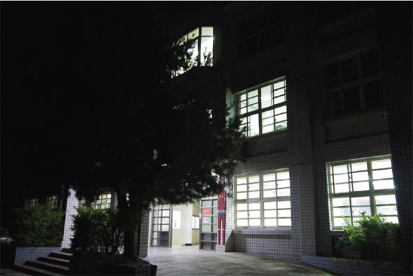 夜間拍攝的現代建築物外觀，多層樓房亮著明亮的窗戶燈光，白色方形窗格清晰可見。入口處鋪有淺色地板，周圍種植綠色植物，左側有紅色門框，整體呈現寧靜的夜間場景。