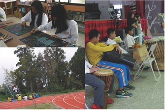 四幅學校活動照片：左上為學生在教室內進行手工藝製作；右上為穿著黃色衣物的學生坐在藍色椅子上；左下為戶外紅色跑道運動場景；右下為學生在室內進行體育活動。展示學校多元教學與課外活動情況。