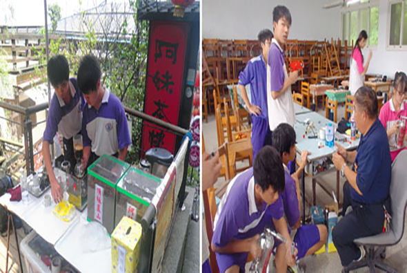 左圖：學生穿著紫白相間制服在戶外攤位前進行活動，擺放有黃色容器和物品。右圖：室內教室裡，穿著紫白制服的學生圍坐在木製椅子周圍，與成人講師互動進行課程或工作坊活動。