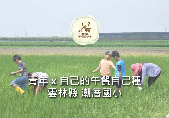雲林縣潮厝國小青年自己種午餐計畫的宣傳海報。背景為綠色稻田，前景有五位學生穿著彩色衣服，在田間進行農業勞作和學習。頂部為學校logo，中央標題文字說明此為「青年×自己的午餐自己種」活動。