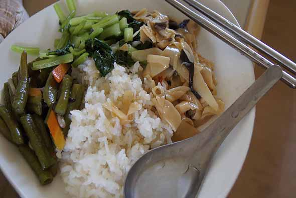 白色盤子裡盛有白飯、炒豆芽、青豆夾、胡蘿蔔、木耳和其他炒菜，配有金屬湯匙和筷子，呈現家常亞洲風味餐點。