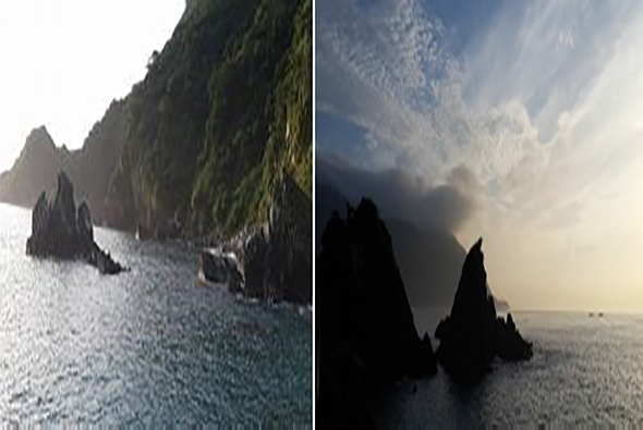 左圖為陽光下的海岸懸崖，綠色植被覆蓋山壁，尖銳岩石突出海面。右圖為同一地點的傍晚景象，岩石剪影清晰，雲層壯觀，光線溫暖。兩幅對比展現不同時刻的自然美景。