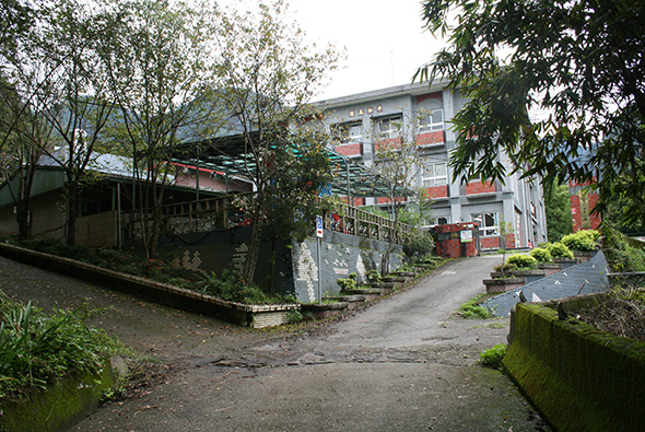 鄉村社區的石板路，兩側被樹木環繞。右側是一棟四層樓的老舊住宅樓，外牆貼有紅色磚塊裝飾，左側有簡易棚屋。整個場景顯示出傳統農村聚落的風貌，植被茂密，環境幽靜。
