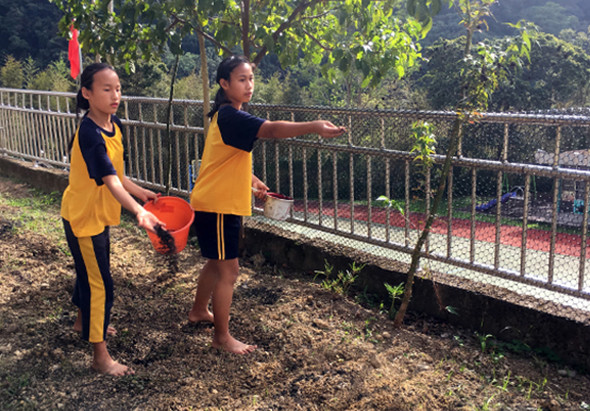 兩名穿著黃黑色運動服的小女孩在戶外空地上進行羽毛球活動，她們各持紅色羽毛球拍，背景是鐵製圍欄、綠樹和山景，陽光灑落在練習場地上。