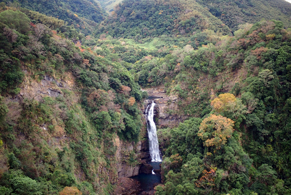 深山峡谷中的瀑布从悬崖上倾泻而下，周围被茂密的绿色森林和陡峭的岩壁包围。瀑布在深潭中激起水花，溪流蜿蜒流向山谷下方，展现出原始自然的壮丽景观。
