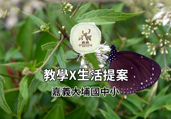 深紫色蝴蝶停駐在白色小花上，周圍環繞綠葉和花蕾。左上角有鹿樂標誌，中文文字寫著「教學×生活提案　嘉義大埤國中小」，呈現自然教學主題的視覺設計。