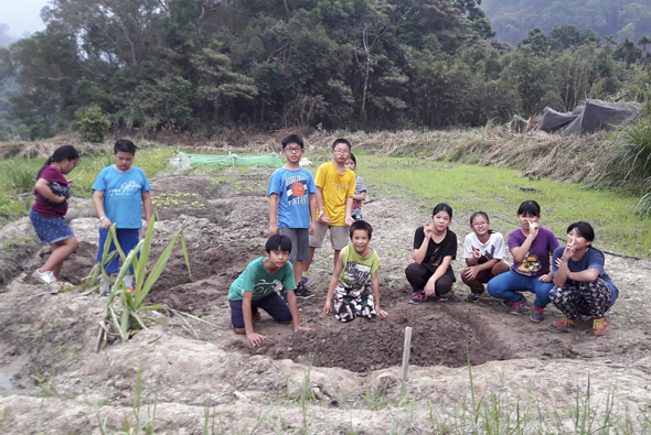 一群兒童在田地裡進行農業教育活動，他們蹲坐在新種植的幼苗周圍，背景是翠綠的山林和農田，展現鄉村學習和生態教育的場景。