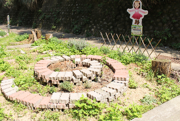 戶外教育園區內，用磚塊鋪砌的螺旋形迷宮花園，周圍種植綠色植物。背景有木樁、柵欄和樹木，上方懸掛紅色人形布娃娃裝飾，展示自然學習環境。