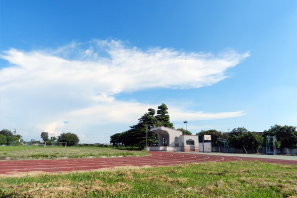 郊外田徑場景觀，紅色跑道環繞綠色草地，中央有灰白色建築物和樹木，遠處田野開闊，晴朗天空飄著白雲，整體呈現寧靜的鄉村運動設施風貌。