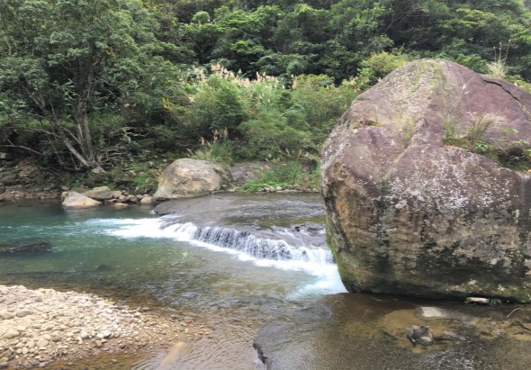 清澈見底的翠綠溪水流經岩石灘地，形成小型瀑布。巨大圓形岩石矗立溪邊，周圍被茂密的森林包圍，呈現原始自然的山水風景。