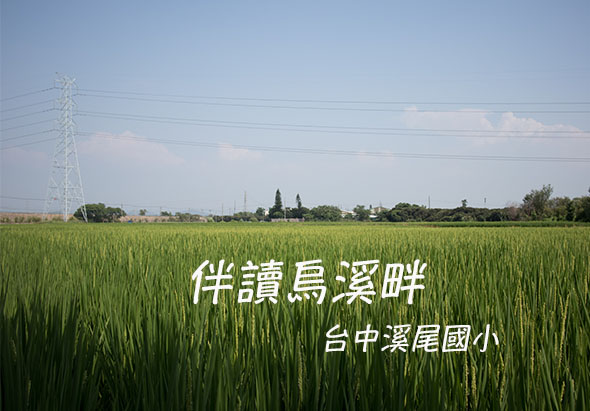 台中潭子國小宣傳海報，以廣闊的綠色稻田為背景，遠處可見電塔與村落，上方白色文字寫著「伴讀烏溪畔 台中潭子國小」，呈現鄉村教育環境。