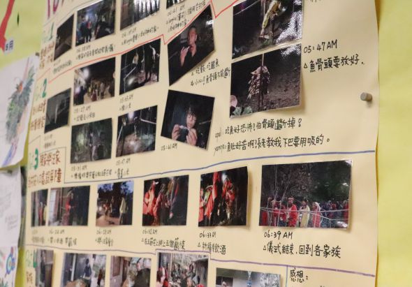 牆上貼滿多張活動照片和手寫文字記錄，展示各種節慶慶祝場景。照片包含民俗表演、花燈展示、廟會活動等，旁邊標註時間和中文說明，紀錄活動過程與參與者互動情形。