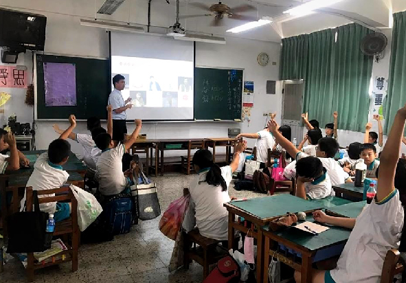 教室內，老師在講台前進行投影教學，多名學生坐在課桌前舉手發言或參與互動。教室配備黑板、綠色窗簾和天花板風扇，呈現活躍的課堂學習氛圍。