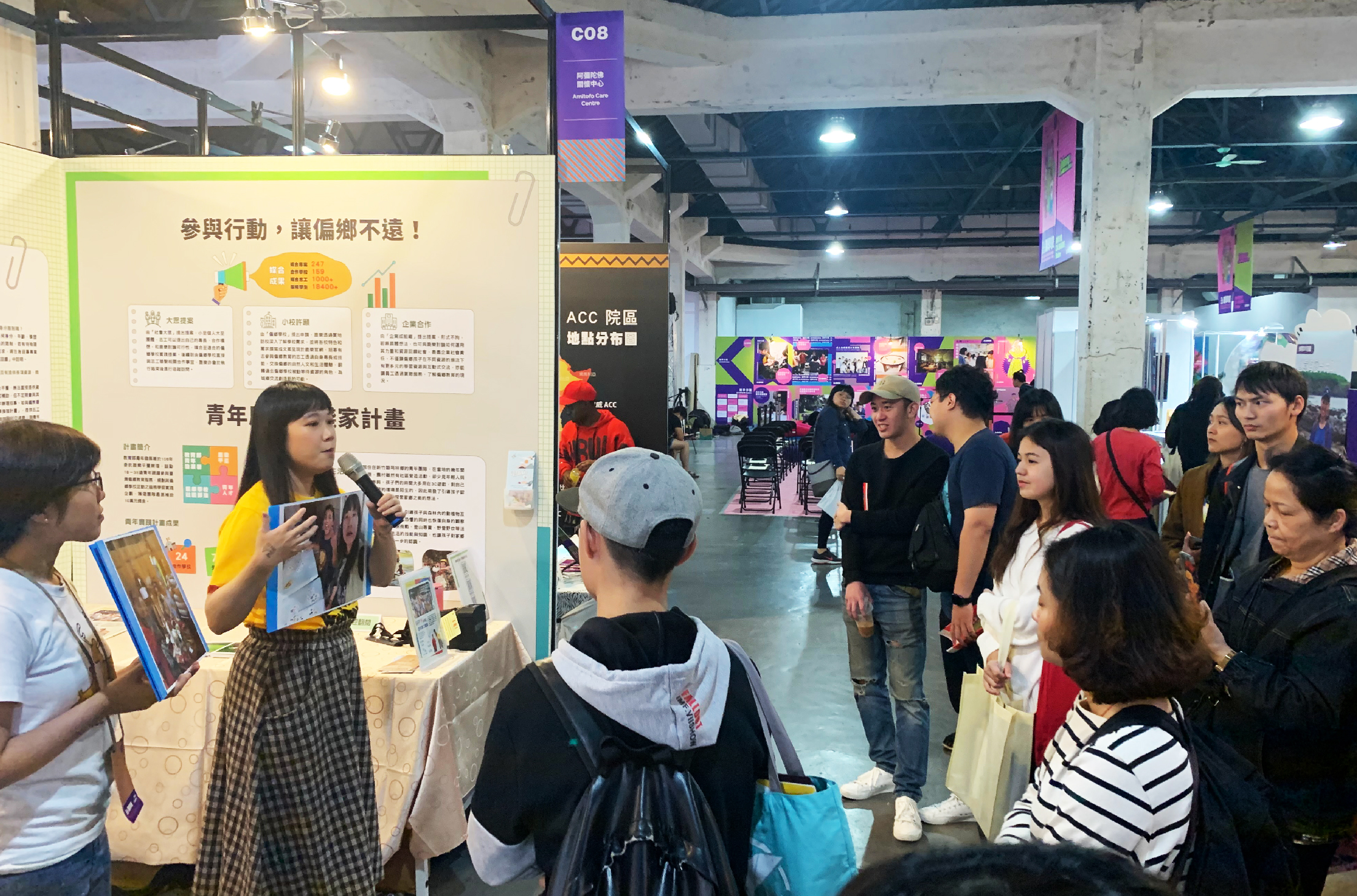 展覽會場中，一位穿著黃色上衣的講者在C08展位前，向聚集的參觀者介紹「青年家計畫」項目。展板展示了參與行動、議僑鄉不遠等主題內容。背景可見ACC院區應募分布圖及其他展覽區域。眾多訪客認真聆聽講解。