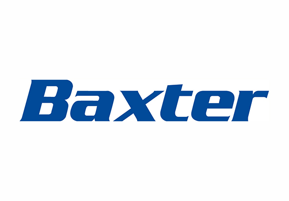 Baxter公司標誌，採用深藍色斜體字設計，代表這家全球醫療保健企業的品牌識別。