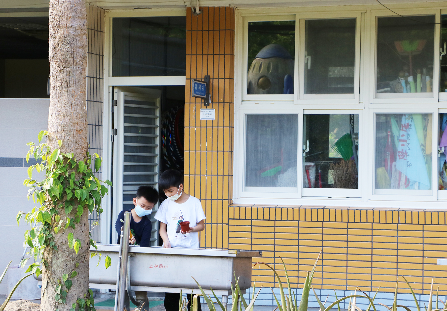 兩名戴著口罩的小男孩站在黃色鐵柵欄的陽台上，靠近建築物的白色窗戶。左邊的男孩穿著深色上衣，右邊的穿著白色上衣並拿著紅色物品。樹幹和綠色植物在前景左側。建築物背景有多扇窗戶和門。
