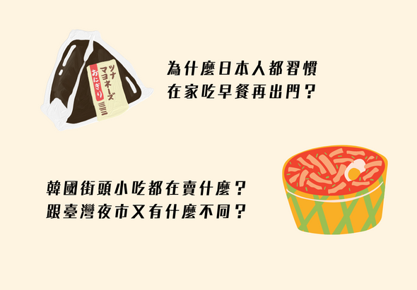 比較日本便利店和台灣夜市早餐文化的圖片。左上方展示日本便利店飯糰，搭配文字「為什麼日本人都習慣在家吃早餐再出門？」右下方展示台灣夜市美食，提問韓國街頭小吃與台灣夜市的差異。