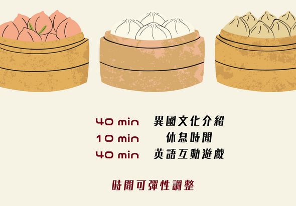 三個饅頭籠子圖示，分別展示不同餡料。下方標示活動時間配置：異國文化分組40分鐘、休息時間10分鐘、英語互動遊戲40分鐘。備註時間可彈性調整。