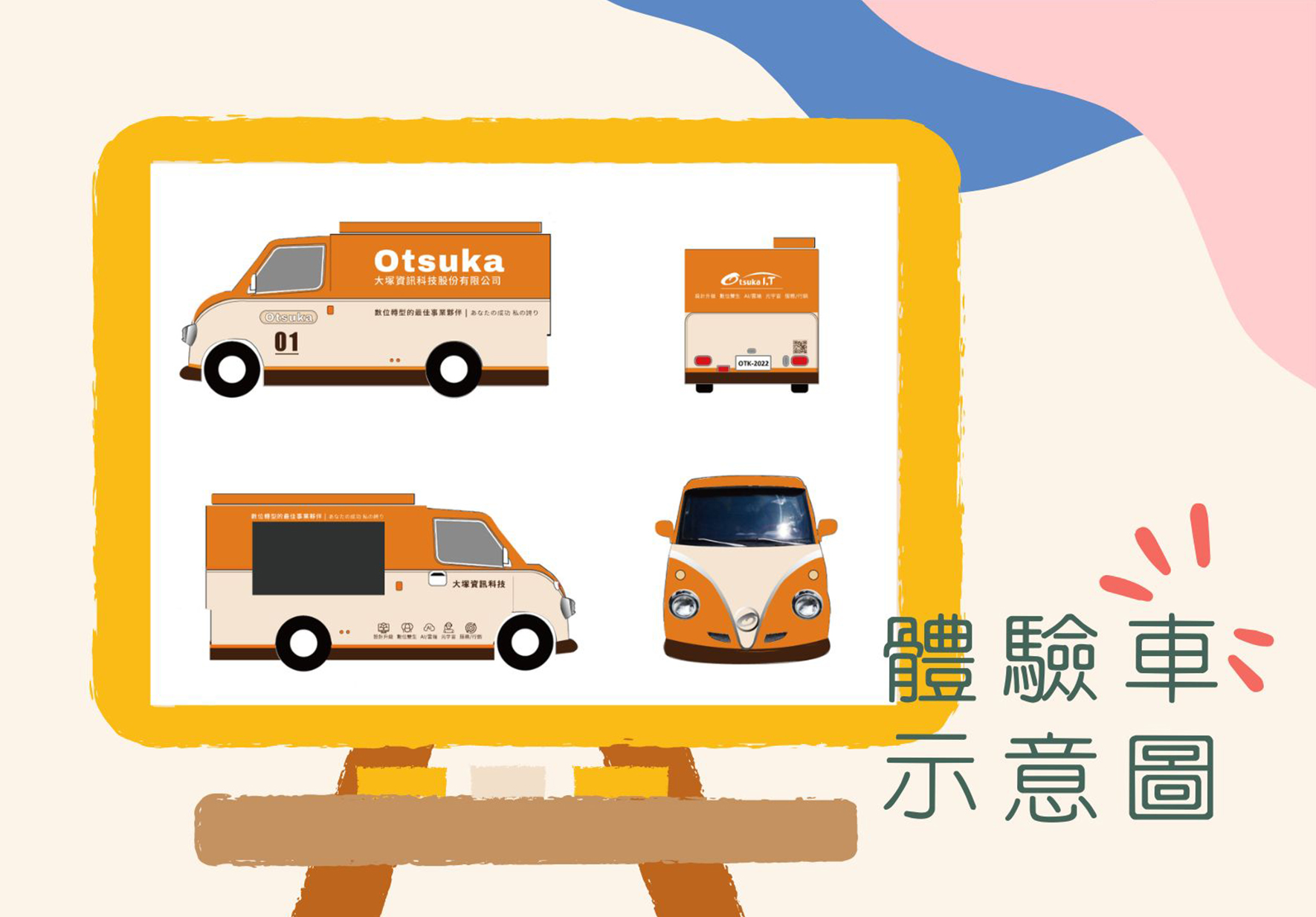 Otsuka公司的車隊示意圖，展示四輛不同型號的棕橙色服務車輛，包括大型貨車、小型貨車、廂型車和迷你巴士，右側標註「體驗車示意圖」。