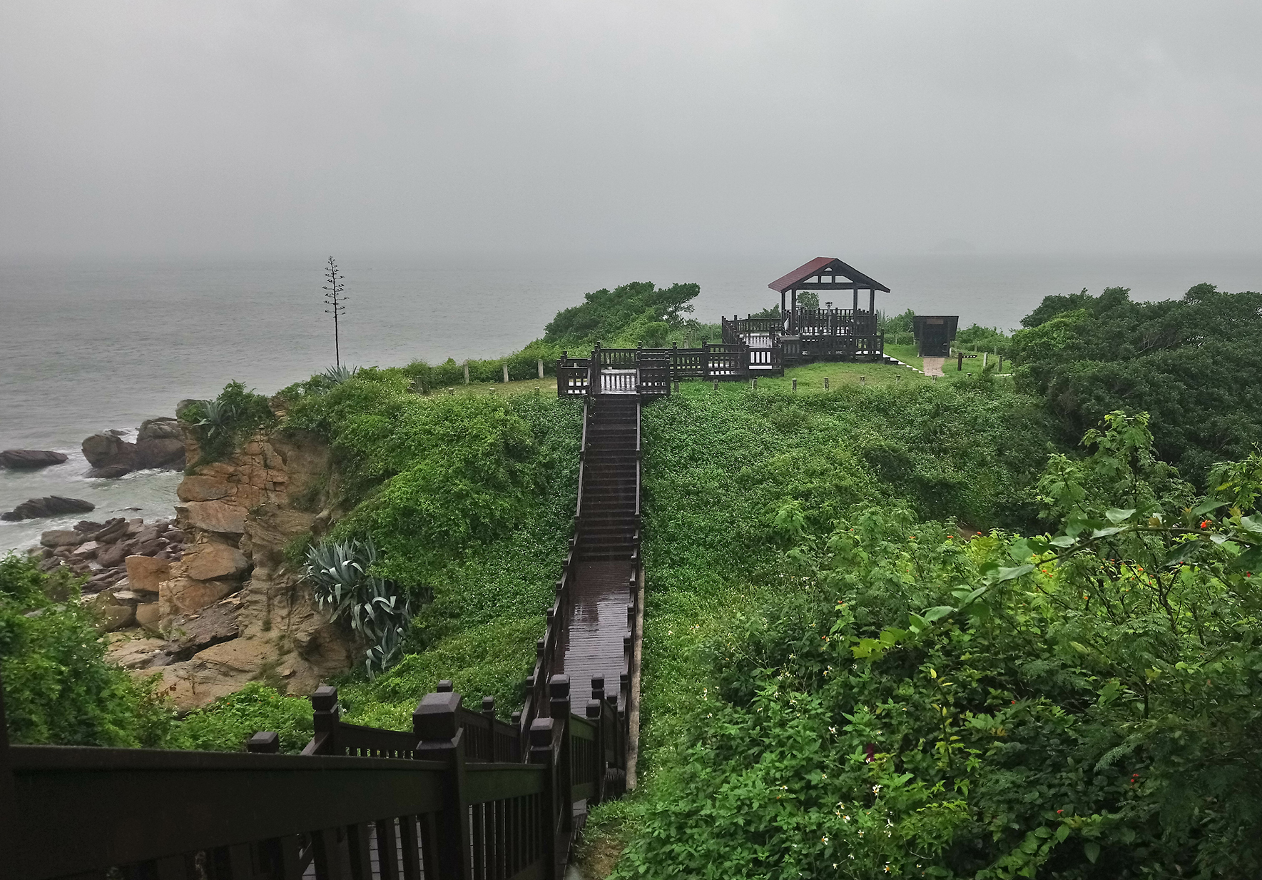俯瞰海濱懸崖景致，長木棧道從前景延伸至遠方，兩側被茂密綠植覆蓋。棧道盡頭有涼亭和木製平台設施。左側為岩石海岸線，右側為植被。天空陰沈，海面平靜灰濛。