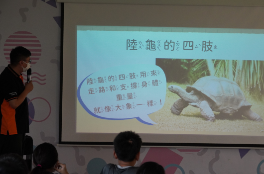 教室內，講者手持麥克風站在投影幕前進行教學。幕上顯示「陸龜的四肢」標題，含陸龜四肢功能說明文字及龜類行走的實際照片，講解陸龜如何利用四肢走路、挖掘和移動身體的生物特徵。
