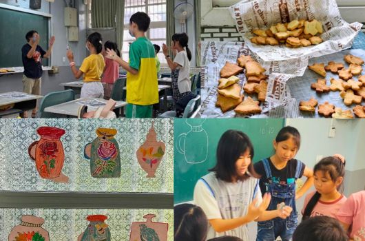 學校教室內進行食育教學活動，學生穿著黃綠色背心，圍觀展示的各式烘焙食品。黑板上張貼學生畫作，包括陶瓶和水果靜物畫。教師與學生互動，進行食物相關的課堂討論和學習。