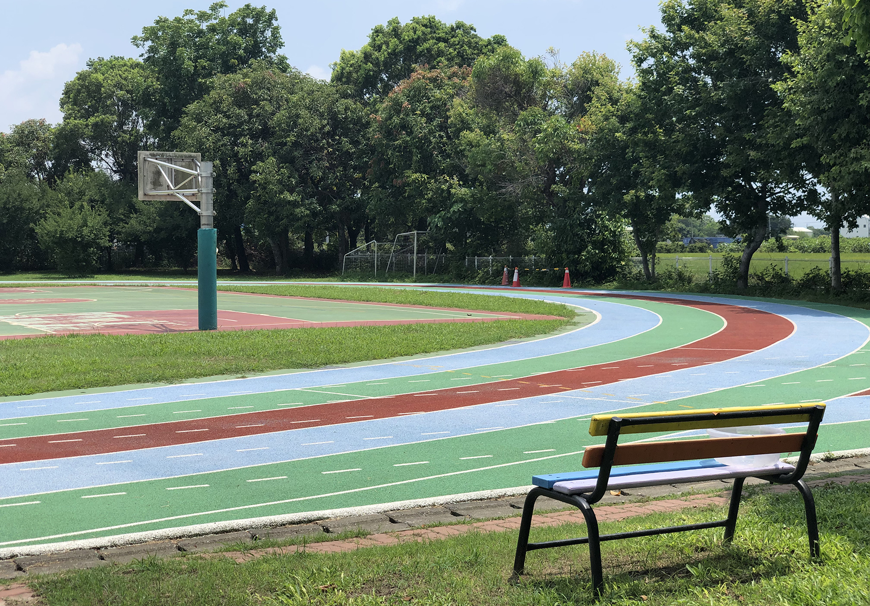 戶外運動公園的彩色跑道，綠色、紅色和藍色相間的塑膠跑道蜿蜒通過草地。左側有黑色長椅，遠處立著籃球架和足球門。蒼鬱樹木環繞四周，晴朗天空映襯下呈現生機勃勃的社區運動場景。