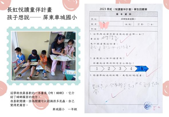 屏東東城國小長虹悅讀書伴計畫成果分享。左側為師生共讀互動照片，一位教師與四名學生圍坐一起閱讀圖書。右側為學生填寫的閱讀心得學習單，包含書籍資訊、閱讀感受與反思等欄位。