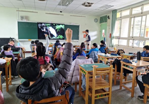 小學教室內，學生坐在木製課桌前觀看大螢幕教學。螢幕顯示自然生態影片，一名學生舉手發言。教室採光良好，黑板與教學設備完整，約二十多名學生專注參與課程。