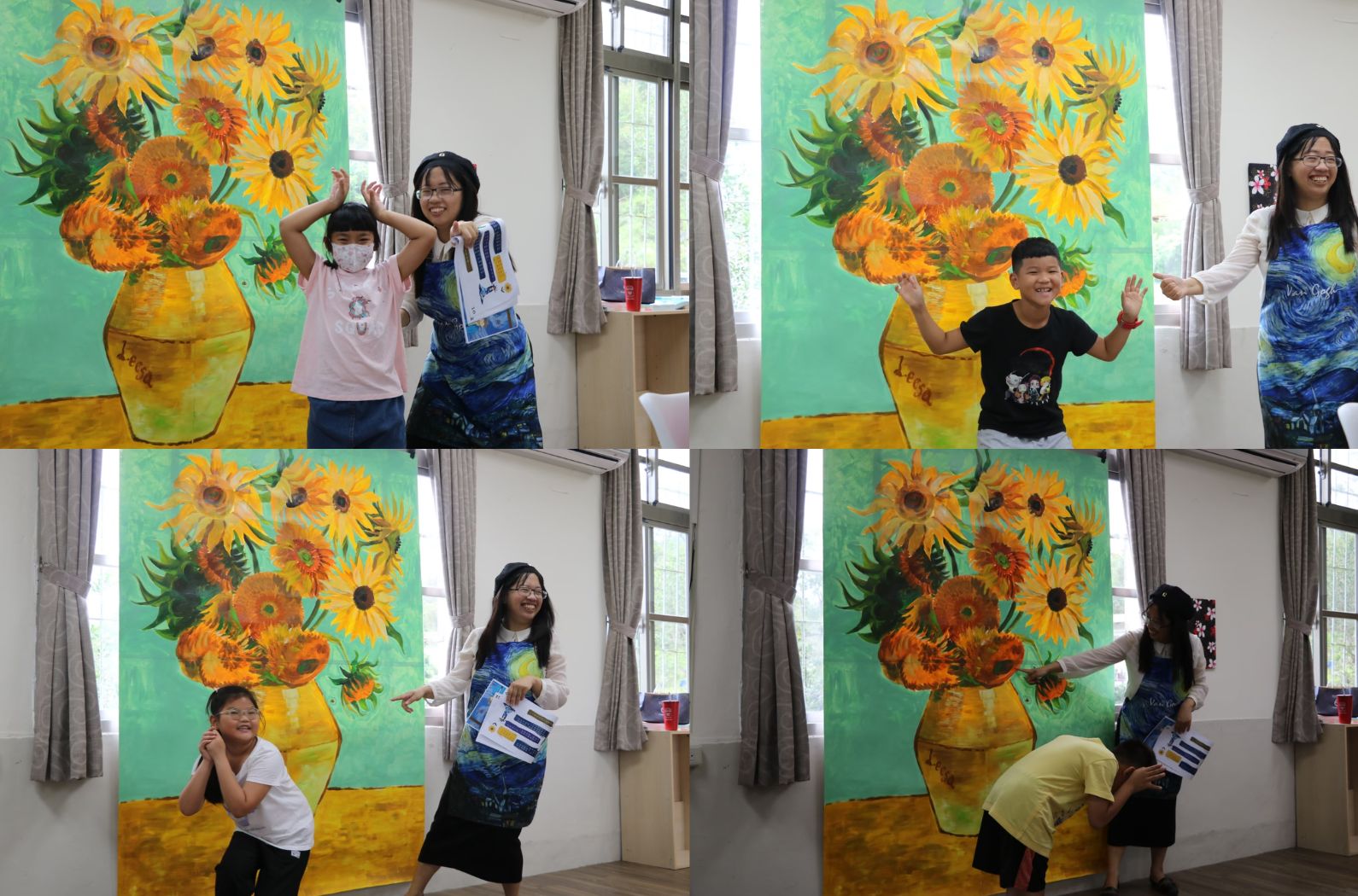 四張照片並排展示，多位兒童與成人在教室內與一幅大型向日葵油畫作品互動。畫作背景為綠色，花瓶為黃色，花朵為黃橙色。人物擺出各種姿勢與畫作合影，展現愉快的藝術教育活動氛圍。