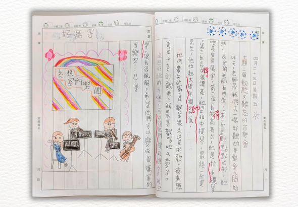 小學生手寫日記本展開頁面，左頁繪有彩色風箏和四個拿著相機的人物簡筆畫，右頁為豎排繁體中文正文，記述放風箏活動經歷，文字間有紅色圈批和註記。