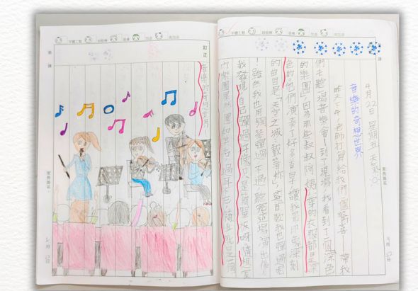 開啟的筆記本展示兩頁內容：左頁為彩色插畫，繪製四位穿著藍色制服的人物在舞台上唱歌表演，周圍有音符裝飾，下方為粉紅色舞台；右頁為密集的中文手寫文字筆記，頂部有藍色雪花圖案裝飾，左側有紅色豎線標記。