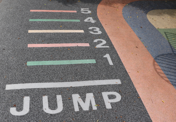 戶外跳遠運動場地的標記線，黑色地面上標有「JUMP」字樣和白色起跳線，右側有紅、藍、黃、綠等彩色的著陸區域，數字0至6標示不同距離的測量點。