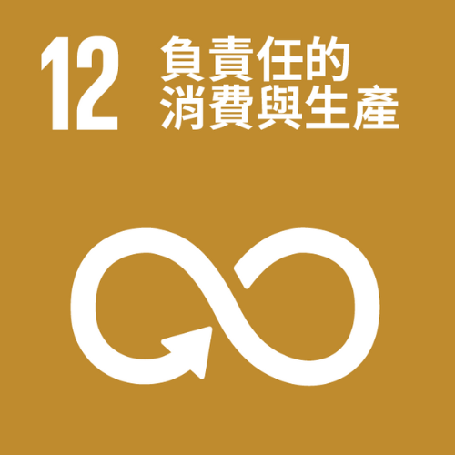 聯合國永續發展目標第12項「負責任的消費與生產」。金色背景上方為白色標題文字，下方為白色無限循環符號，象徵循環經濟和永續消費的理念。