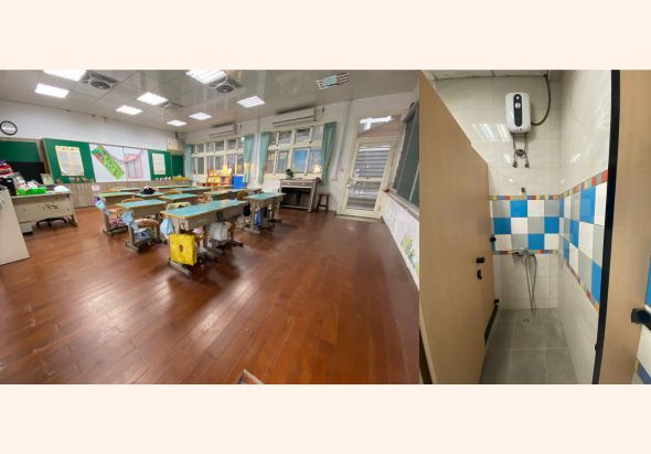 幼兒園教室內景，左側展示寬敞的木質地板教室，配備教學桌椅和教材櫃；右側為衛生間，牆面貼有藍白色磁磚，配置洗手台和烘手機。整體環境明亮整潔。