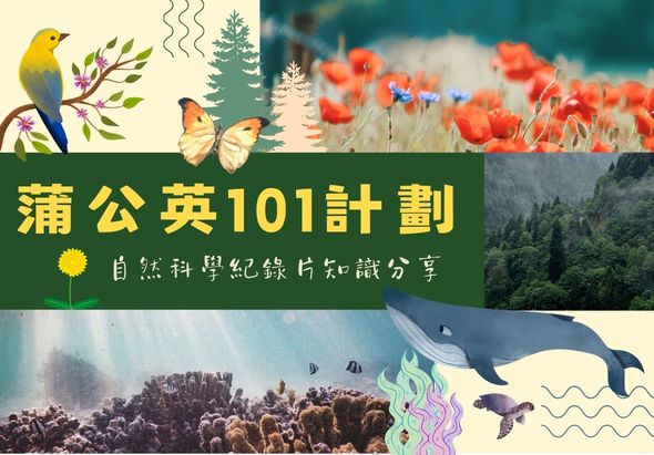 蒲公英101計劃海報，展示自然科學紀錄與知識分享主題。頂部有黃鳥、蝴蝶、紅罌粟花田等自然景象，底部為瀑布、珊瑚礁和鯨魚，中央綠色橫幅標題為「蒲公英101計劃 自然科學紀錄與知識分享」。
