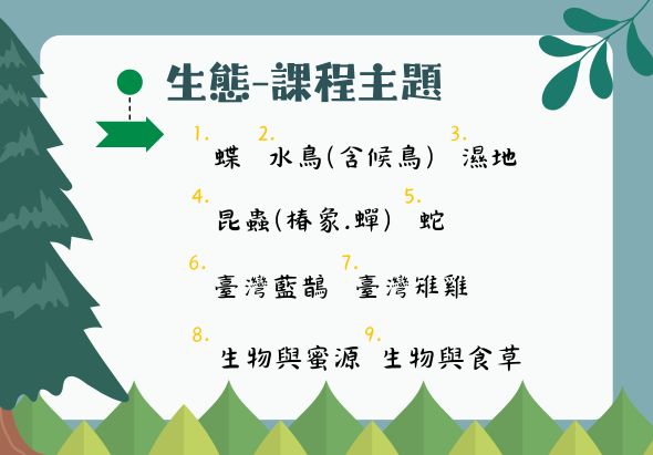 生態課程主題列表，包含九個教學主題：蝶、水鳥、濕地、昆蟲、蛇、臺灣藍鵲、臺灣雜雞、生物與棲源、生物與食草。背景裝飾綠色樹木和植物圖案。