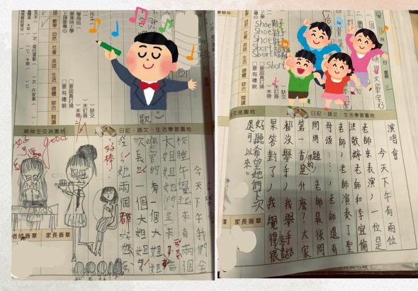 開啟的課本頁面展示學生的手繪插圖和書寫。左頁上方是穿西裝的卡通男性人物揮手，下方有學生繪製的家庭成員素描。右頁上方是彩色卡通家庭圖，下方為密集的中文文字內容。頁面布滿學生的手寫筆記和著色。