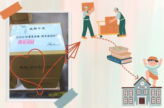 左側是一張捐書照片，展示標有「2024年暑期募書」的紙箱。右側為彩色插圖，描繪捐書流程：工作人員整理橙色箱子、書籍堆疊、學生領取書籍，最後送至學校。象徵教育資源的傳遞。