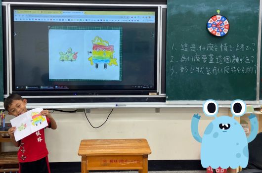 小學教室裡，學童在黑板前展示美勞作品。大螢幕上顯示電腦繪圖軟體，呈現玩具熊和積木的插畫。黑板寫有中文教學內容。教室布置溫馨，展示學生的創意美術學習成果。