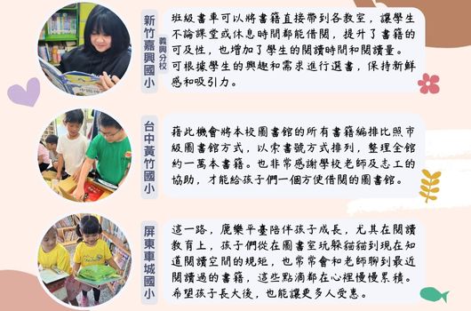 三位教師推薦閱讀計畫的分享。新竹縣豐年國小教師介紹班級書單選書方式，強調培養學生閱讀習慣。台中市霧峰國小教師說明利用書籍帶領學生探索議題。屏東縣里港國小教師分享透過閱讀陪伴學生成長的教學經驗。