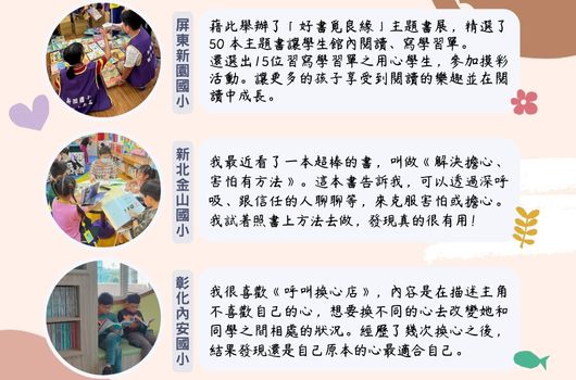 三個圖文區塊介紹閱讀推廣。第一區介紹展覽與閱讀計畫，提供50本主題書籍供學生借閱。第二區說明新北市圖書館推薦，鼓勵學生主動探索喜愛的書籍。第三區分享彰化內閣圖書館經驗，強調建立自主閱讀習慣的重要性。