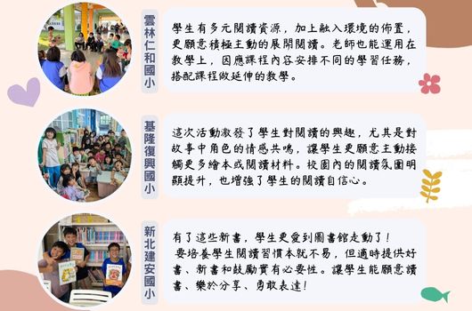 三所學校的關愛文化推廣介紹。展示慈悲如小、耀德國際國小及新興運動國小三所學校的學生參與關愛活動照片，說明各校如何透過閱讀、動畫與書籍等方式，培養學生的同理心、關愛他人的品格和互助精神。