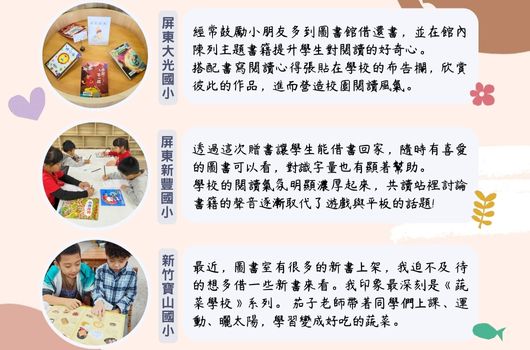 學校推廣閱讀計畫的三項主要活動：展覽小光點展示學生選書與書籍推薦；展覽新興圖書館透過次閱讀提升學習動力；新竹香山國小近期獲得閱書獎勵，學生踴躍參與閱讀，展現良好的閱讀風氣與學習成效。