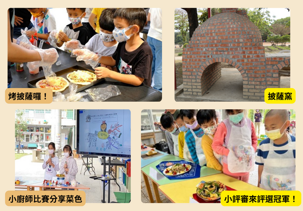 學校舉辦烤披薩美食教學活動。上方左圖為學生們分享烤好的披薩，右圖為磚造披薩窯。下方左圖展示小廚師比賽分享菜色，右圖為小學童製作並品嚐獲獎披薩作品。