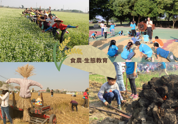 食農生態教育主題圖片集合。上方展示學生在農田進行戶外教學，中央標題「食農·生態教育」。其他圖片包括：學生在運動場進行團體活動、傳統農業收割展示、學生在田間進行農業實作體驗、以及堆肥處理教學。整體呈現學校推動食農教育的多元活動內容。