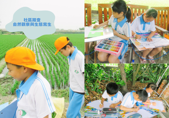 學生戶外教學活動。左圖：兩名學生戴著黃色安全帽在農田裡學習農業知識。右圖上：學生在室外桌上用彩色筆進行繪畫創作。右圖下：學生坐在田間進行戶外美術課程。主題為「社區體驗自然農業與生態嘉生」。