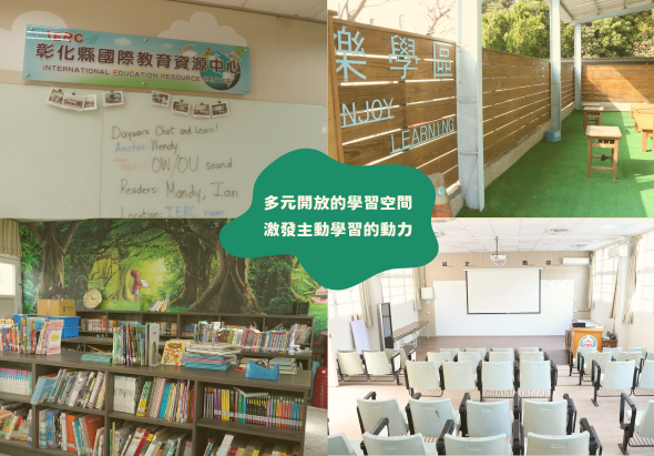 學校多元開放的學習空間展示，包含英文教室、戶外學習區、圖書館和教室內景。牆面標示「多元開放的學習空間，激發主動學習的動力」，展現以學生為中心的教育環境設計。
