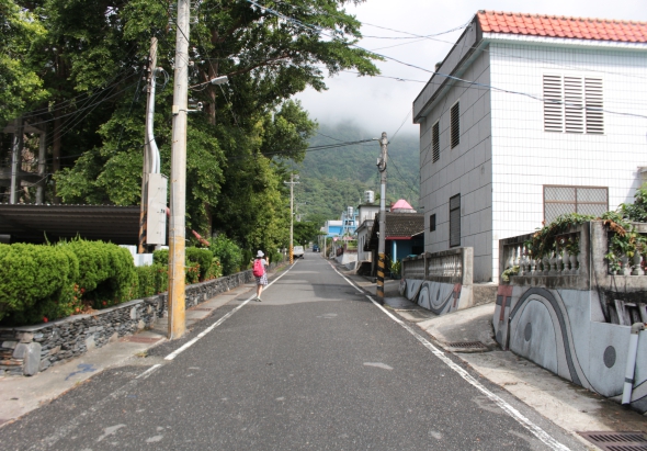 山區鄉村街道，寬敞的柏油路兩側有民居和綠化。右側是白色水泥建築，左側為樹木和石牆。遠處山景籠罩在薄霧中，一位行人在街道上行走。